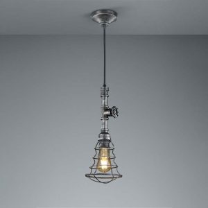 Lampada a sospensione Led Gotham tubo e rubinetto in metallo anticato con gabbia D. 14cm H. 150cm E27- Trio Lighting