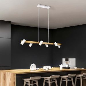 Lampada a sospensione Led Marley con barra in legno e sei cilindri orientabili GU10- Trio Lighting