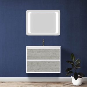 Mobile Bagno Sospeso con Cassetti 80 cm ZAO Cemento/Rovere Oro con Lavabo in Ceramica e Specchio